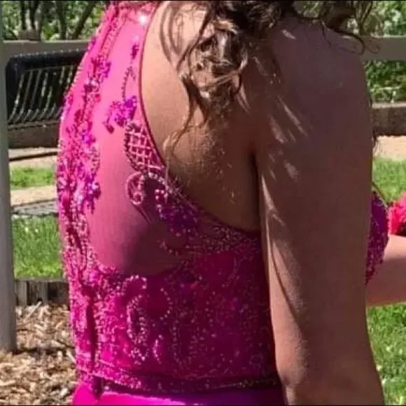 Mori Lee Fuchsia Embellished 2 Piece Prom Dress Size 10 Halter Gown - Picture 2 of 16